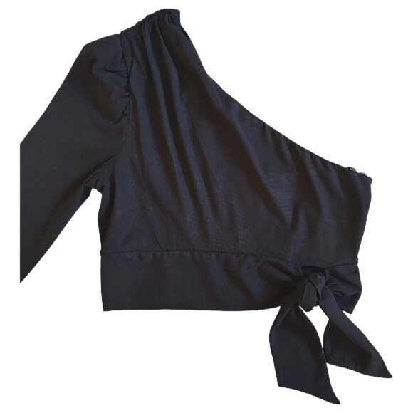 NWT Free People Jayne Black One Shoulder Tie Wrap Top M asymmetrical blouse - Picture 3 of 7